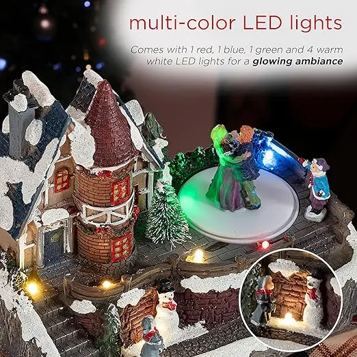 Alpine Corporation Indoor Christmas Village with Dancing Ice Skaters and LED Lights