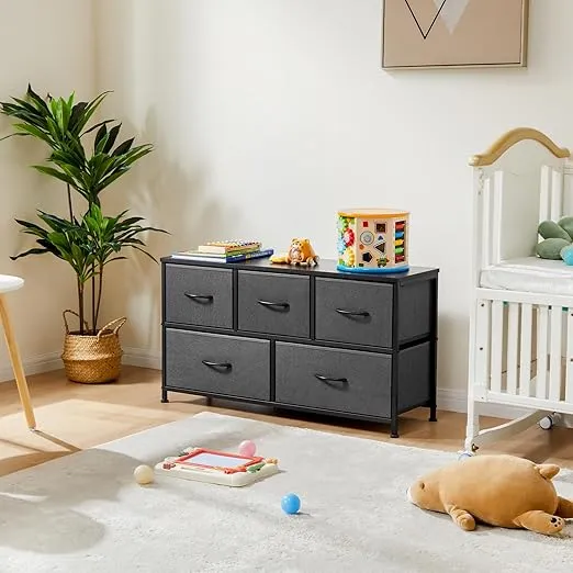 OLIXIS Dresser for Bedroom with 5 Drawers, Wide Chest of Drawers, Fabric Bedroom Dresser with Drawer Organizers, Storage Organizer Unit with Fabric Bins for Closet, Living Room, Hallway, Grey