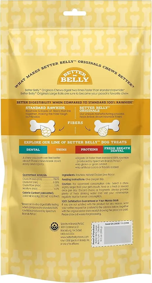 Better Belly Highly Digestible Rawhide Large Roll ChewS, 3 Count (Pack of 1)