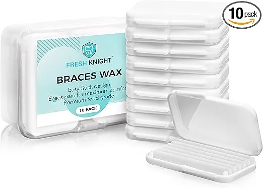 Braces Wax,10 Pack. Dental Wax for Braces & Aligners, Unscented & Flavorless - 50 Premium Orthodontic Strips. White Cases. Includes storage case. Food Grade ortho brace wax. Fresh Knight. (White)