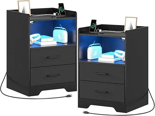 DICTAC Nightstands Set 2, LED Nightstand with Charging Station, End Side Table with USB Port, Bedside Table with 2 Fabric Drawers and Open Compartment for Bedroom, Black