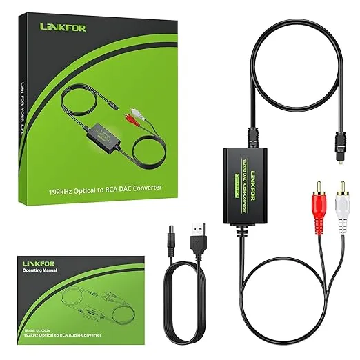 LiNKFOR 192kHz DAC Converter Digital to Analog Converter Digital Optical SPDIF Toslink to Analog Stereo Audio RCA L/R Audio Adapter with Optical Cable for HDTV Blu Ray DVD Amps (RCA Male)