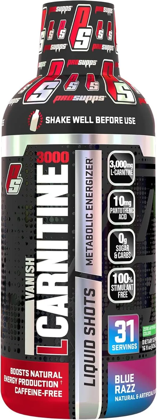 PROSUPPS L-Carnitine 3000 Stimulant Free Liquid Shots for Men and Women - Energizer Workout Drink for Performance and Muscle Recovery (Blue Razz)