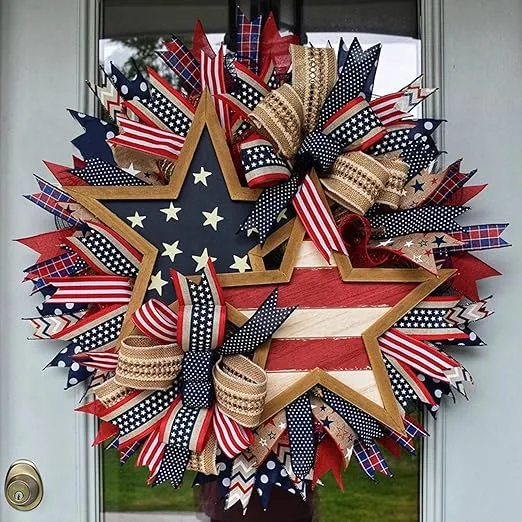 July 4th Memorial Day Decorative Garland for Home, Handcrafted Front Door Wall Window Decoration (B)