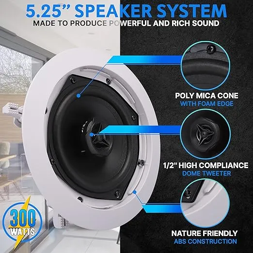Pyle Ceiling and Wall Mount Speaker -5.25” 2-Way 70V Audio Stereo Sound Subwoofer Sound with Dome Tweeter, 300 Watts,In-Wall & In-Ceiling Flush Design for Home Surround System - Pyle PDIC53T (White)