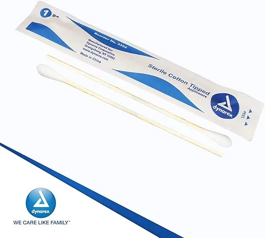 Dynarex 6-Inch Sterile Cotton Tipped Applicators - Single-Use Wooden Cotton Tip Applicators for Wound Care & Dressing, Hygiene, Makeup, Cleaning - 1 Box of 100 Pouches, 1 per Pouch