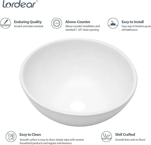 Lordear 13x13 Small Round Bathroom Vessel Sink Modern White Above Counter White Porcelain Ceramic Vessel Sink Art Basin Vanity Bowl Sinks