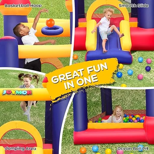 JOYMOR Inflatable Bounce House for Kids with Ball Pit, Inflatable Bouncing Castle Play Center w/Air Blower Pump, Jump'n Slide Bouncer for Indoor and Outdoor