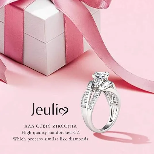 Jeulia Engagement Rings for Women Sterling Silver Three Stone Round Cut Intertwined Ring Cubic Zirconia Diamond Crossover Statement Ring Set Wedding Anniversary Promise Bridal Set with Gift Box