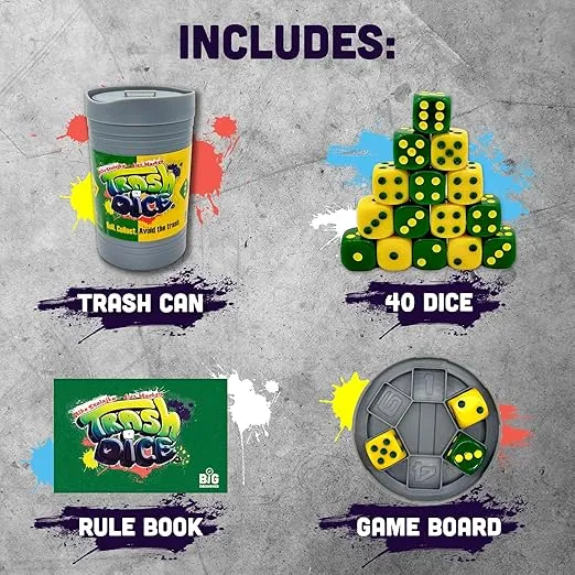 Big Discoveries Trash Dice - Fast-Paced Family Dice Game | Exciting 2-Player Board and Dice Game with Trash Can and Dice Set | for Travel, Party, and Games Night