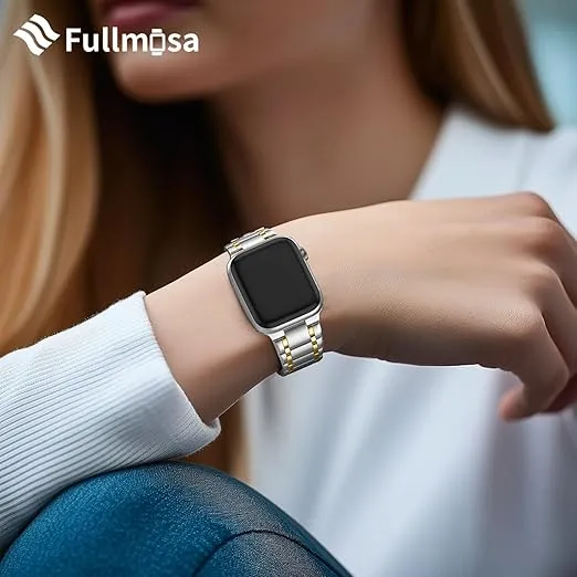 Fullmosa Compatible with Apple Watch Straps 41mm 40mm 38mm Stainless Steel Replacement iWatch Bands with TPU Protective Case for Series 9 8 7 6 5 4 3 2 1 SE, Silver with Gold