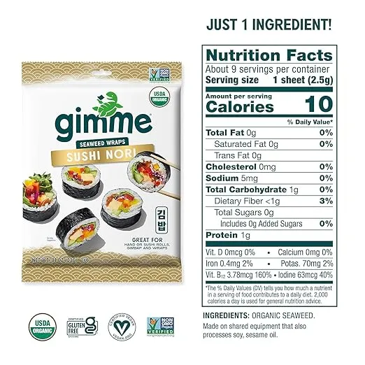 Gimme Seaweed - Organic Roasted Seaweed - Sushi Nori - 0.81 Ounce - (Pack of 12) - non GMO, Gluten Free, Keto, Paleo