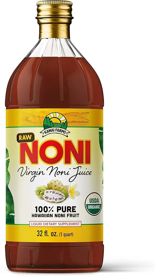 Virgin Noni Juice - RAW (Unpasteurized) 100% Pure Organic Hawaiian Noni Juice - 32oz Glass Bottle