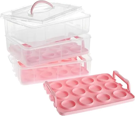 3 Tier Cupcake Carrier with Lid and Handle, Holds 36 Cupcakes (Pink, 13.5 x 10.25 x 10.75 In)