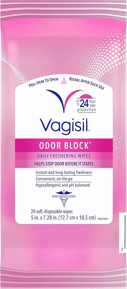 Vagisil Odor Block Daily Freshening Wipes for Feminine Hygiene in Resealable Pouch, Gynecologist Tested & Hypoallergenic, 20 Wipes (Pack of 1)