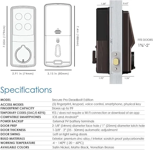 Lockly Secure Pro, Wi-Fi Smart Deadbolt, Keyless Entry Door Lock, PIN Genie® Keypad, 3D Biometric Fingerprint Sensor, Auto Lock - Venetian Bronze (PGD728WYVB) - Left Fingerprint Edition