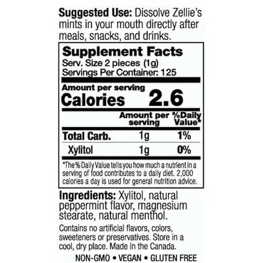 Zellie's | 100% Xylitol Sugar Free Cool Mint Breath Mints | Non-GMO, Low-Calorie, Gluten Free, Vegan & Kosher Mints (250 Count - Pack of 1)