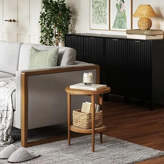 Sonia Boho Round Wood Side Table with Storage, Natural Sofa Side Table in Honey Brown with Rattan Storage Shelf for Living Room, Bedroom or Nursery