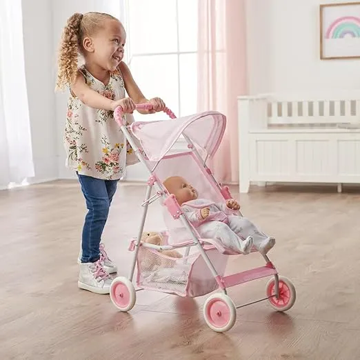 Badger Basket Folding Doll Umbrella Stroller for Dolls Up to 18 Inches - Lightweight, Compact Doll Stroller with Safety Belt, Pink and White Design