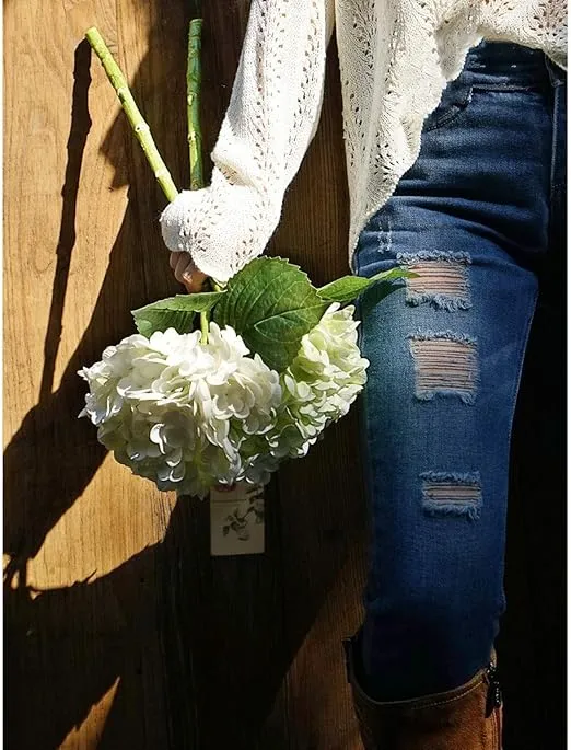 FiveSeasonStuff Real Touch Silk Hydrangea Flowers, 2 Large Long Stem Artificial Flowers for Floral Arrangements (Mixed Summer White & Spring Green)