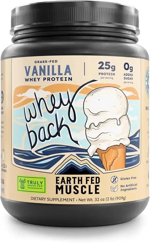 Earth Fed Muscle Whey Back Vanilla Truly Grass Fed Whey 2lb - No Fillers, Flow Agents, or Synthetic Blends, Soy Free, Non GMO and Hormone Free