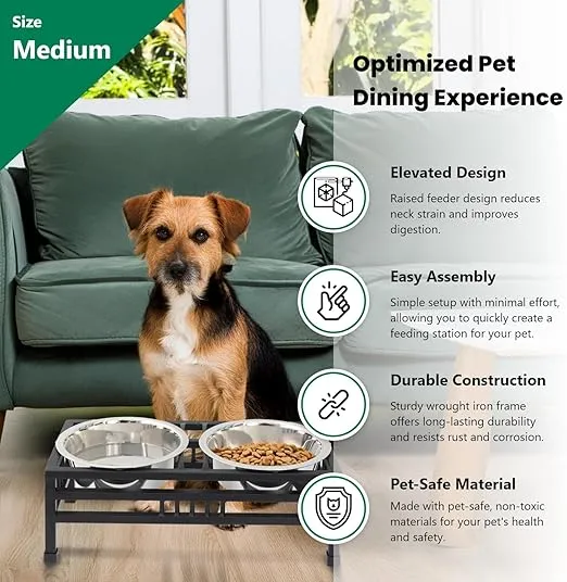 Iconicpet Elevated Rectangular Pet Double Diner with Stainless Steel Bowls for Dogs and Cats, Durable, Dishwasher Safe Bowls - Medium, 32 Oz