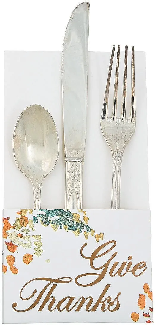 Fun Express Rustic Fall Give Thanks Silverware Holder - Set of 12 - Thanksgiving Dinner and Party Supplies
