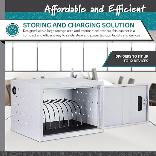 Learniture Structure Series 12-Device Charging Station for Laptops and Tablets, Wall-Mount Lockable Charging Cabinet for 12 Tablets/Chromebooks, Gray