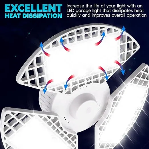 LUXRITE 4-Pack LED Garage Light 80W, 8000 Lumens, Deformable LED Garage Lights, 5000K Bright White, 3 Panel LED Garage Light, E26 Screw in Shop Light, Adjustable Garage Light, Damp Rated, ETL Listed