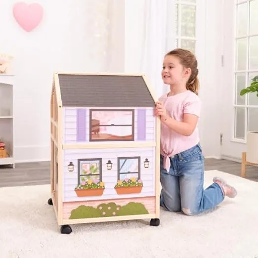 So Darling Wooden Dollhouse on Wheels, Open & Close with 29 Accessories