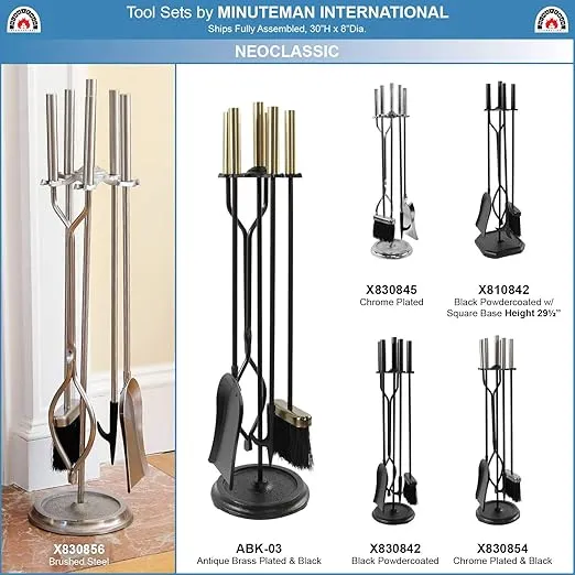 Neoclassic 5-piece Fireplace Tool Set, Black, Round Base