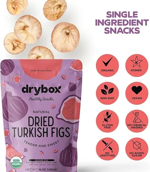 Drybox Organic Dried Turkish Figs No Sugar Added, 1 Pack Smyrna Fig Unsulfured Unsweetened Non-GMO - Natural Dried Fruit for Snacking, Charcuterie Board, Baking | Resealable 1 lb per Pack, Total 1 lb