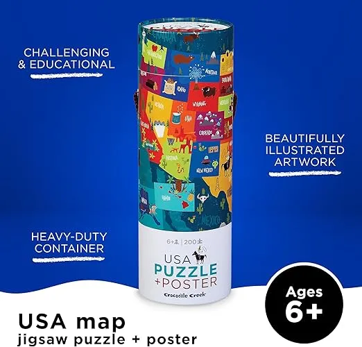 Crocodile Creek 200-Piece Jigsaw Puzzle for Ages 6 Years to Adult, Includes Poster, Heavy-Duty Storage Cylinder with Handle, USA Map