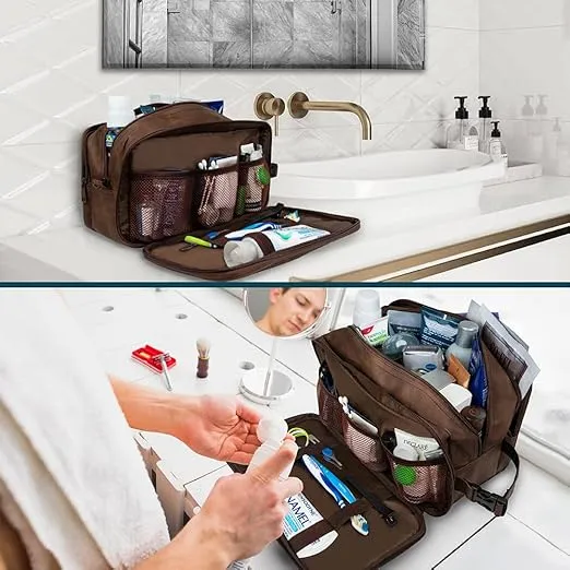 PAVILIA Toiletry Bag for Men, Travel Toiletries Bag | Water-resistant Dopp Kit, PU Leather Shaving Pouch Organizer for Accessories, Cosmetic, Hygiene, Grooming Essentials (XL, Dark Brown)