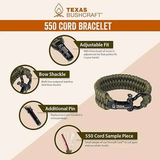 Texas Bushcraft Firecraft Cord Survival Bracelet – Paracord Bracelet with Bow Shackle for Camping and Emergency – 3 Extra Strands Include Wax Thread, Tinder, and Fishing Line
