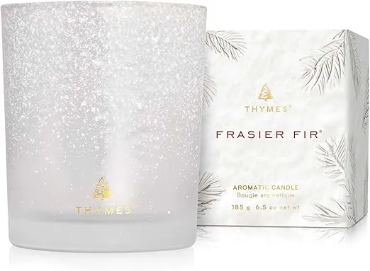 Thymes Frasier Fir Flocked Jar Candles – Scented Candles for Home with Notes of Siberian Fir, Cedarwood & Sandalwood – Holiday Candles for Christmas Decor – White Candles (Poured Candles, 6.5 oz)