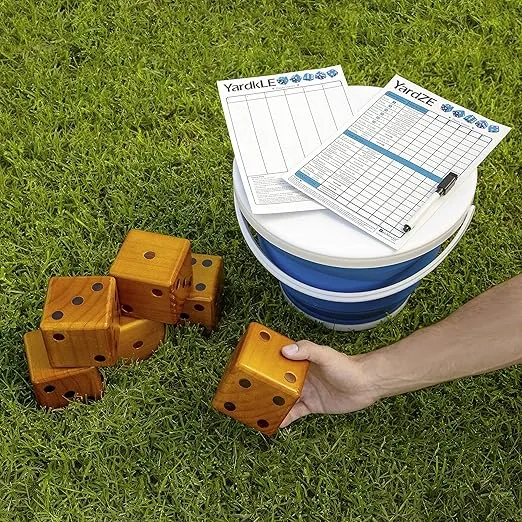 GETMOVIN SPORTS Stained Yardzee and Yard Farkle Dice Set (All Weather) Roll Bucket and Scorecard - Includes 6 Dice, Dry Erase Scorecard W/Marker, Roll Bucket for Storage (Dark Stain)