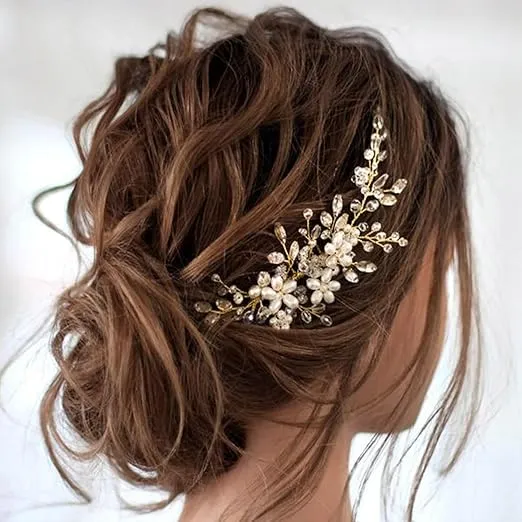 JAKAWIN Bride Wedding Hair Comb Pearl Flower Hair Piece Rhinestone Bridal Hair Accessories for Women HC034 (Gold)