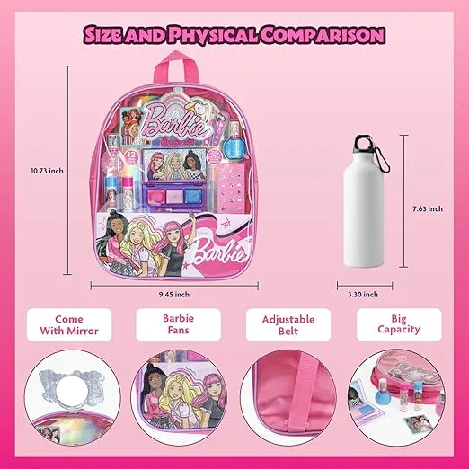 Barbie - Townley Girl Makeup Filled Backpack Set with 12 Pieces, Including Lip Balm, Nail Polish, Nail File, Hair Bows, and Other Accessories, Ages 3+ for Parties, Sleepovers and Makeovers