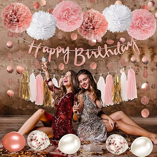 Rose Gold and Pink Birthday Party Decorations Set with Happy Birthday Banner,DIY Cake Topper,Circle Dots Garland,Hanging Swirls,Paper Tassels Garland,Confetti Balloons for Man Women Birthday Party