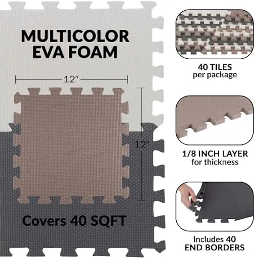 Puzzle Mat EVA Foam Floor Tiles 40-Pack - 40 SQFT Multicolor Exercise Mat or Baby Play Mats for Floor - Interlocking Floor Mats by Stalwart (Neutral)