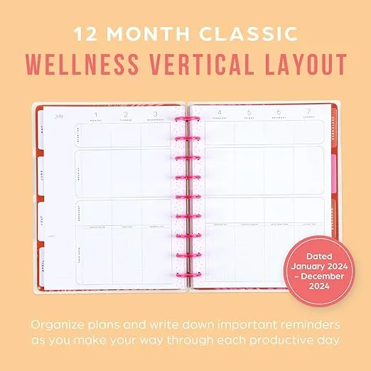 Happy Planner Disc-Bound 12-Month Diary, January 2024–December 2024 Daily, Weekly, and Monthly Diary, Classic Size, Wellness Layout, Organic Wellness Theme, 17.78 Centimetres x 23.50 Centimetres