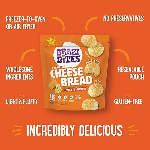Brazi Bites Gluten-Free Brazilian Cheese Bread: Cheddar & Parmesan | Vegetarian Frozen Bread Snacks | Soy-Free | No Artificial Ingredients | No Preservatives | 11.5 oz. pouches (8-pack)