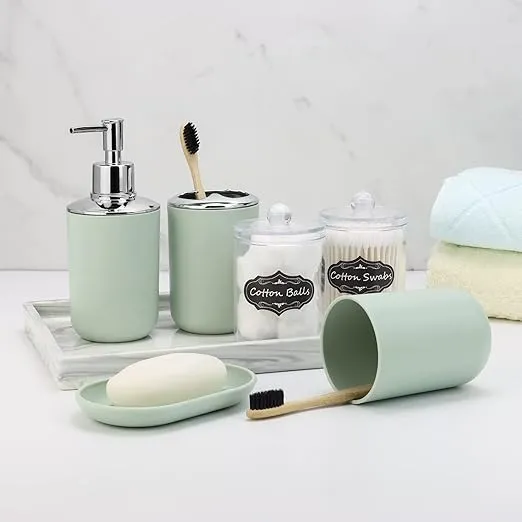 IMAVO Bathroom Set - 9 Pcs Green Bathroom Accessories Set with Trash Can,Tray,Soap Dispenser,Soap Dish, Toothbrush Holder,Toothbrush Cup,Toilet Brush Holder,Qtip Holder Dispenser with Labels