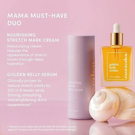 Evereden Mama Must-Have DUO - Golden Belly Stretch Mark Oil & Nourishing Stretch Mark Cream - Dermatologist-Developed Clean & Vegan Maternity Skin Care for Stretch Mark Reduction & Skin Hydration