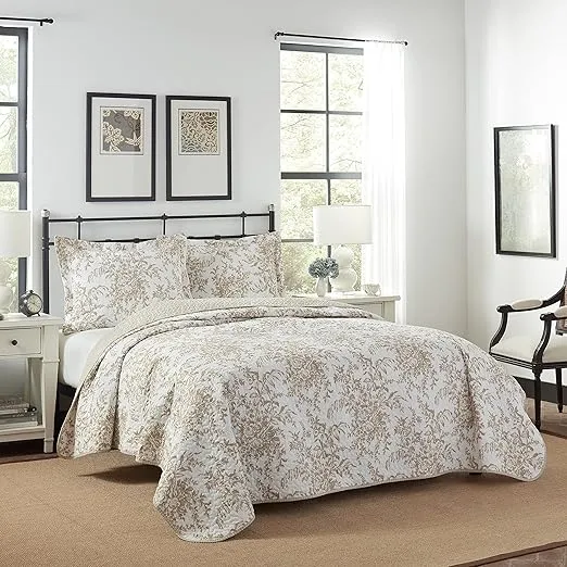 Laura Ashley - King Quilt Set, Reversible Cotton Bedding with Matching Shams, Home Decor for All Seasons (Bedford Mocha, King)