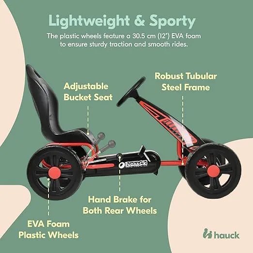 Hauck Cyclone Pedal Go Kart with Adjustable Bucket Seat, 12 Inch EVA Foam Plastic Wheels, Handbrake for Rear Wheels - Ride On Toy for Kids 4-10 years