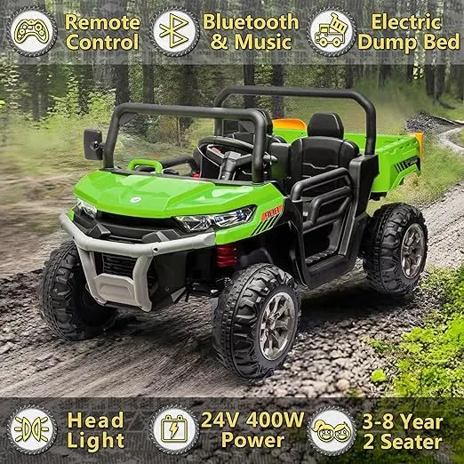 24V Ride on Toys for Big Kids w/Remote Control, 2 Seater Kids UTV w/20 Seat, 2X200W Powerful Motors, 24V Ride on Dump Truck w/Dump Bed, Bluetooth, LED Lights, Power Car Wheels for Boys Girls, Green