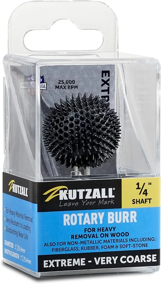 Kutzall Extreme Sphere Rotary Burr 1⁄4" Shaft, Very Coarse - Woodworking Attachment for Bosch, DeWalt, Milwaukee Tools. Abrasive Tungsten Carbide, 1" (25.4mm) Head Diameter, SX-1C