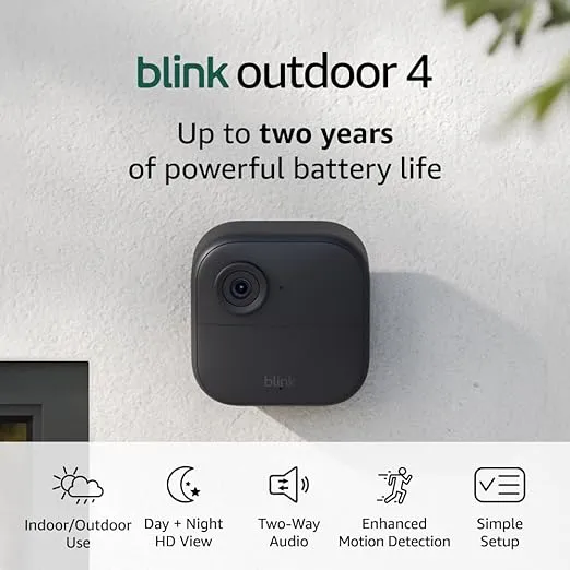 Certified Refurbished Blink Outdoor 4 (4th Gen) – Wire-free smart security camera, two-year battery life, two-way audio, HD live view, enhanced motion detection, Works with Alexa – 2 camera system
